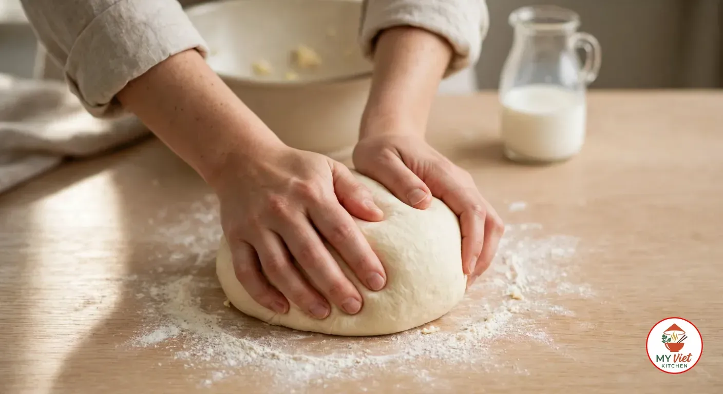 Two hands kneading a smooth, firm ball of pale chin chin dough on a flour-dusted oak counter, with the emptied cream mixing bowl and a small glass jug of milk behind