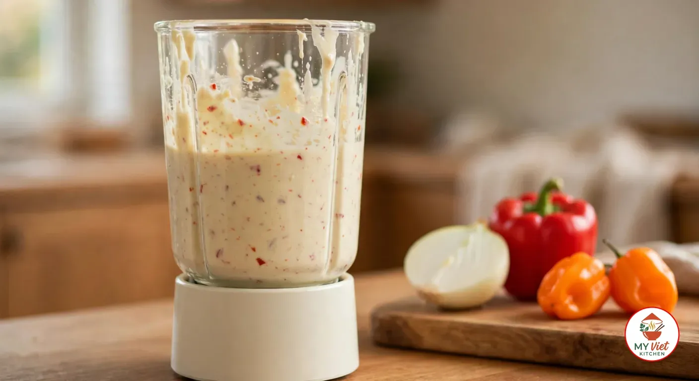 A blender jar of thick, smooth akara batter beside half an onion, a red bell pepper and Scotch bonnet peppers