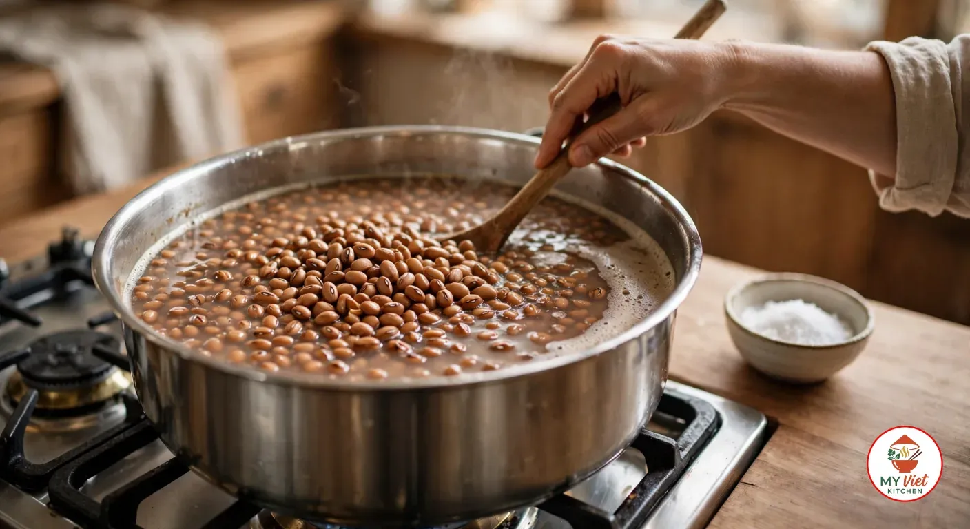 A hand stirring small light brown beans with a wooden spoon in a wide stainless-steel pot of cloudy simmering bean water on a gas stove, a small bowl of salt on the wooden counter