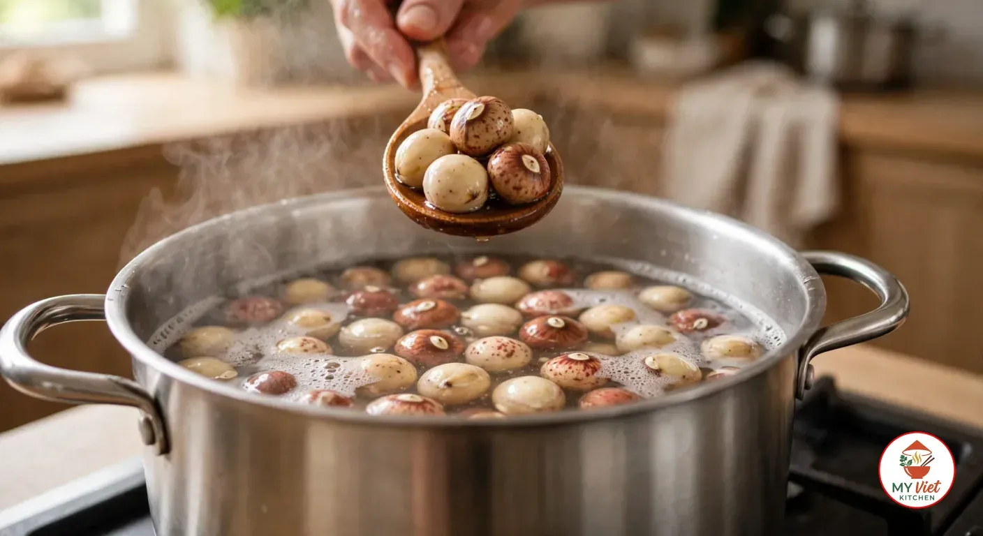 A wooden spoon lifting whole, tender cream and speckled bambara groundnuts from a steaming stainless steel pot of simmering water on the stove