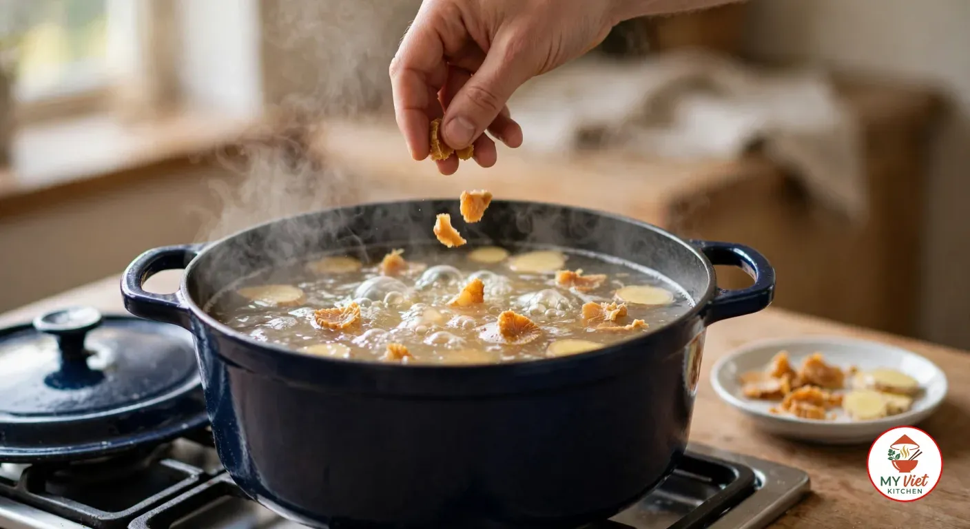 A hand dropping pieces of dried scallop into a dark blue enameled Dutch oven of stock at a rolling boil with ginger coins, the lid beside it on a gas stove and a dish of scallops and ginger on the counter