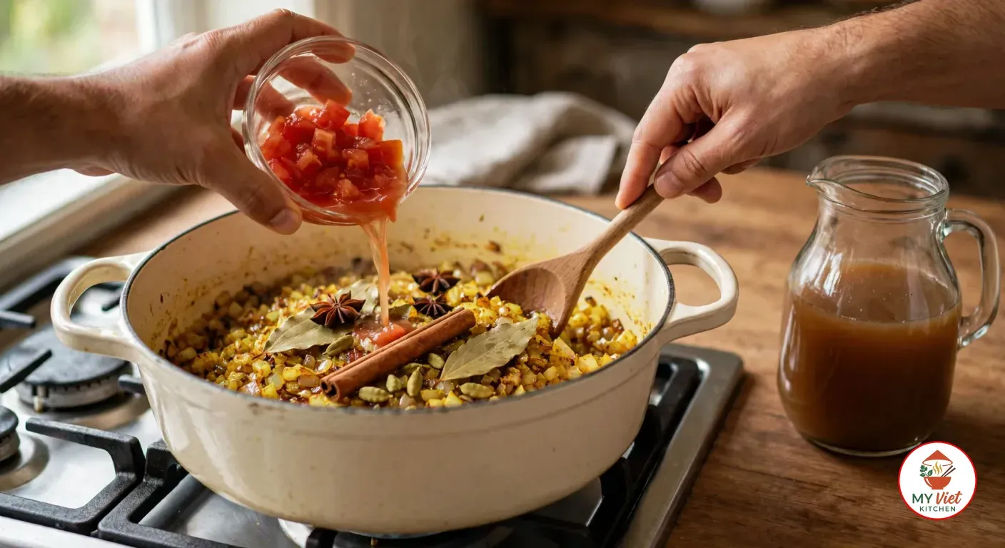 Tipping a glass bowl of diced tomatoes into a cream enamelled cast iron pot of golden spiced onions with a cinnamon stick, star anise, bay leaves and cardamom pods, stirred with a wooden spoon, beside a glass jug of stock