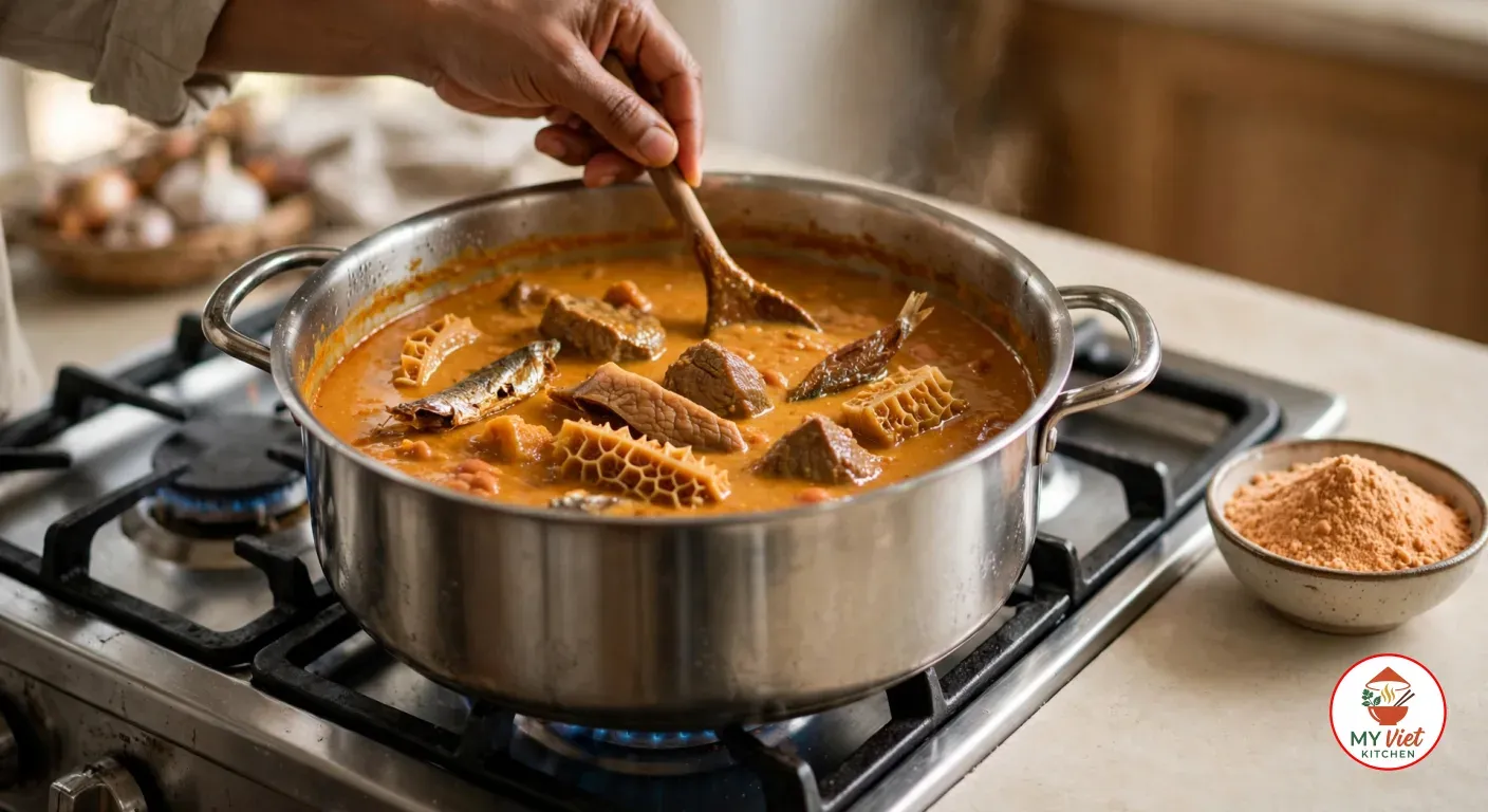 Stirring thick, golden-orange gbegiri with beef, tripe and dried fish in a stainless steel pot on the stove