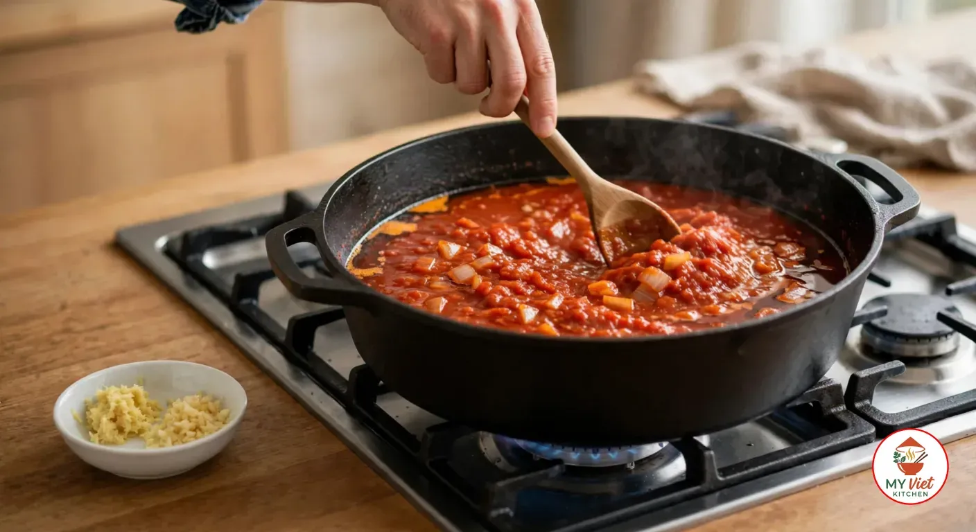 Stirring a thick brick-red tomato sauce with diced onion with a wooden spoon in a wide black cast-iron pot on a gas stove, orange oil separating at the edges, a small bowl of grated ginger and minced garlic beside the stove