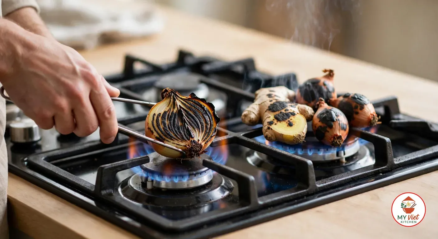 A halved onion held in tongs over a gas flame, with ginger and shallots charring on the burner beside it