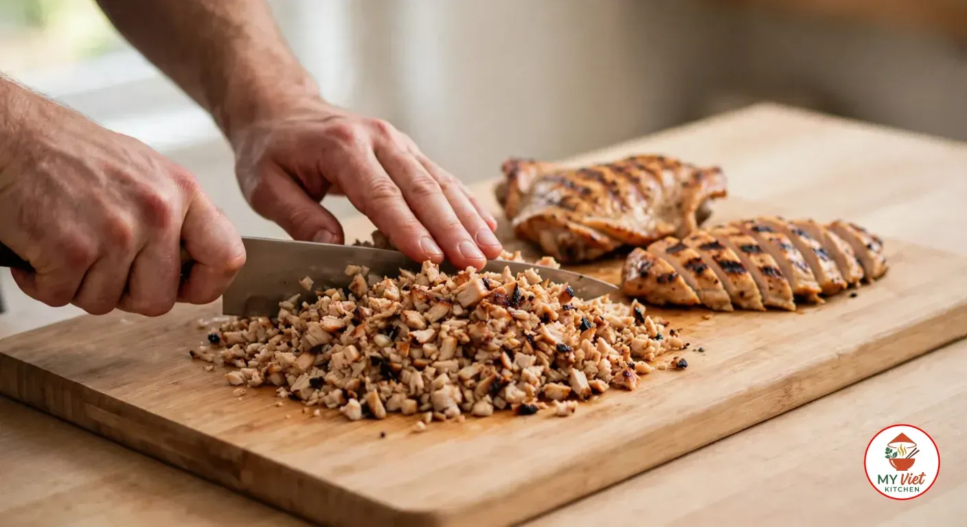Hands chopping grilled chicken thighs into rice-sized pieces with a chef's knife on a light wooden cutting board, beside a whole grilled thigh with dark grill stripes and another sliced into strips