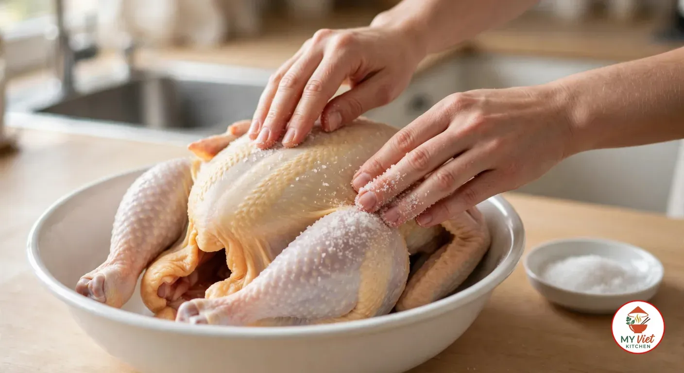 Hands rubbing coarse salt over a whole raw hen in a white basin, a dish of salt beside it