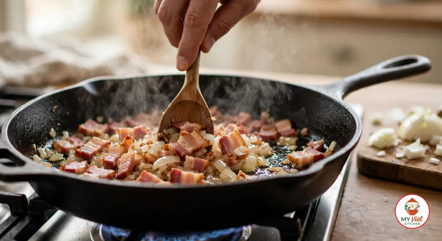 Stirring chopped streaky bacon and soft diced onion with a wooden spoon in a cast-iron skillet over a gas flame, beside a board of chopped onion