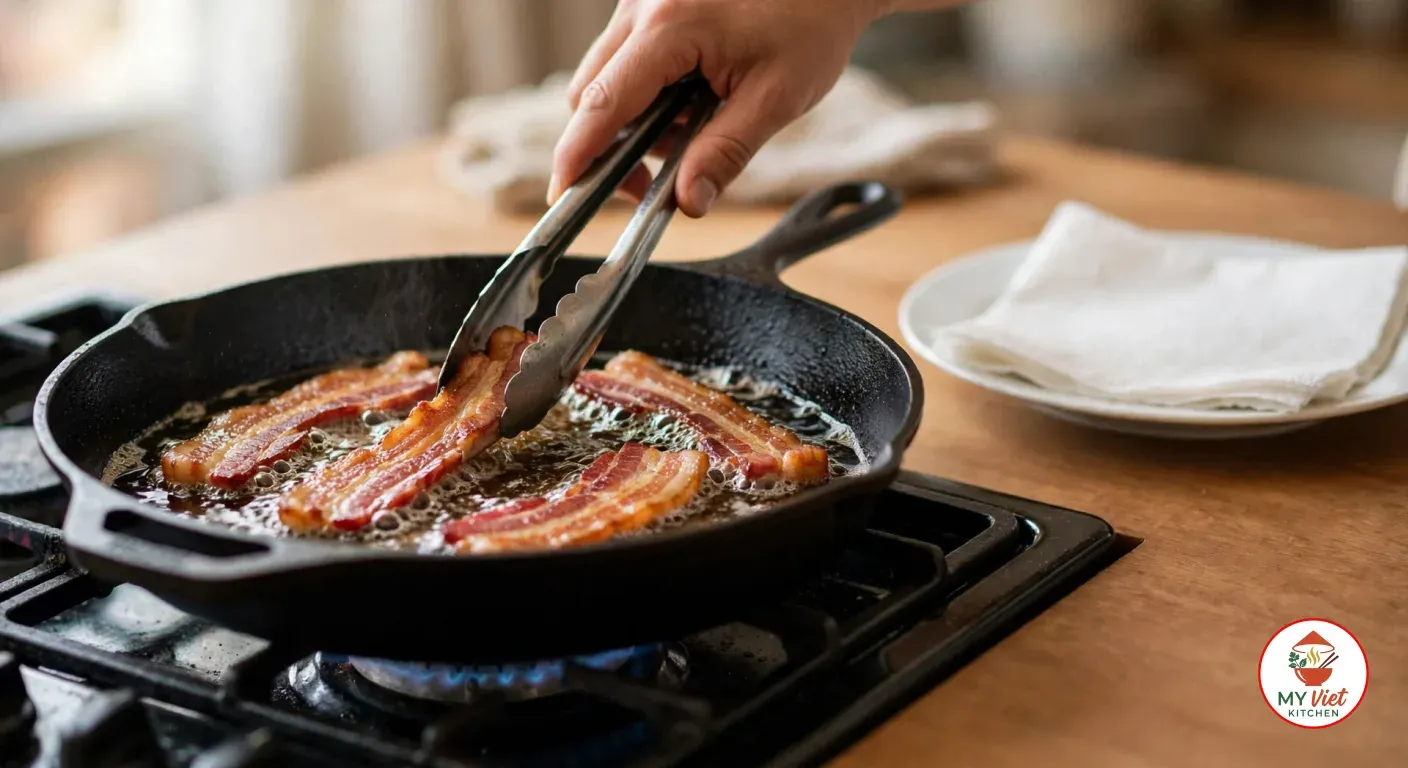 Turning a rasher of streaky bacon with metal tongs in a black cast-iron skillet on a gas stove, four rashers browning in their bubbling rendered fat, a plate lined with paper towels waiting on the wooden counter beside it