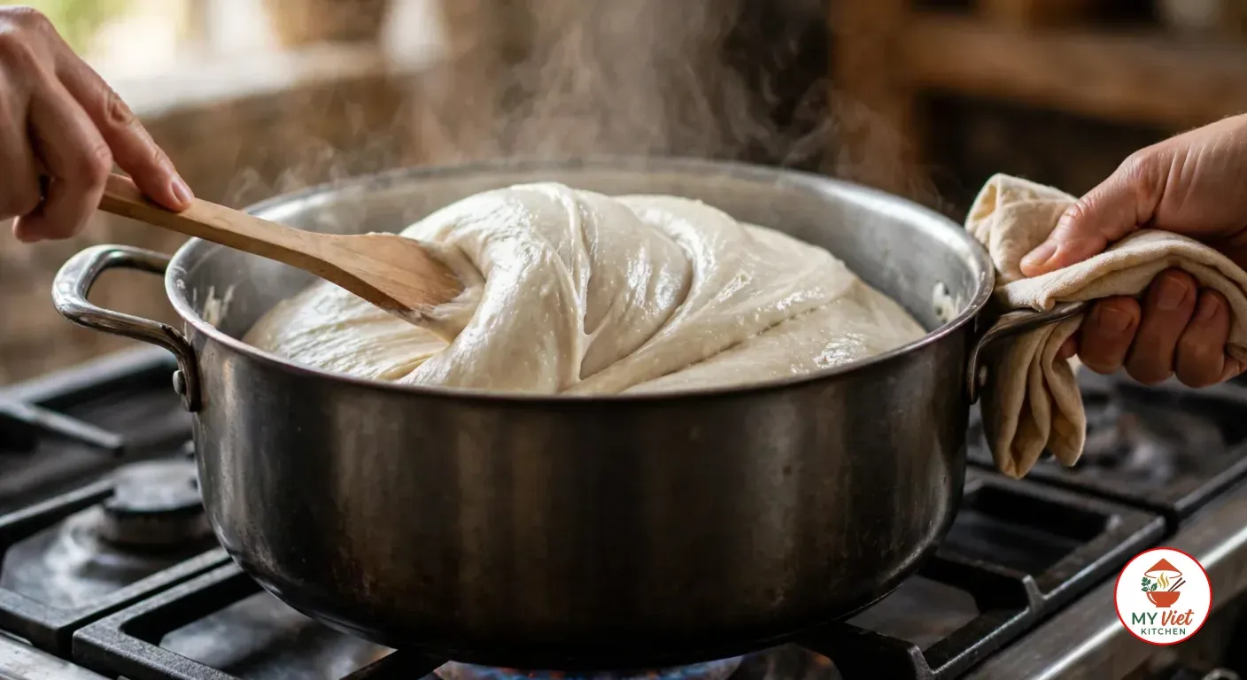 Stirring a thick, smooth, glossy mass of off-white banku with a flat wooden spatula in a large stainless steel pot on a gas stove, steam rising and a hand holding the pot handle with a cloth