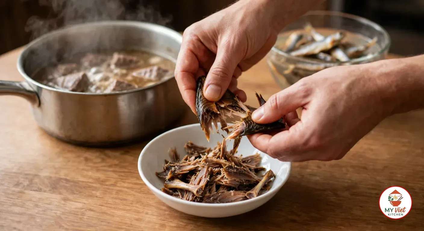 Breaking smoked fish into flakes over a small white bowl, in front of a saucepan of beef simmering in broth and a glass bowl of dried fish soaking in water