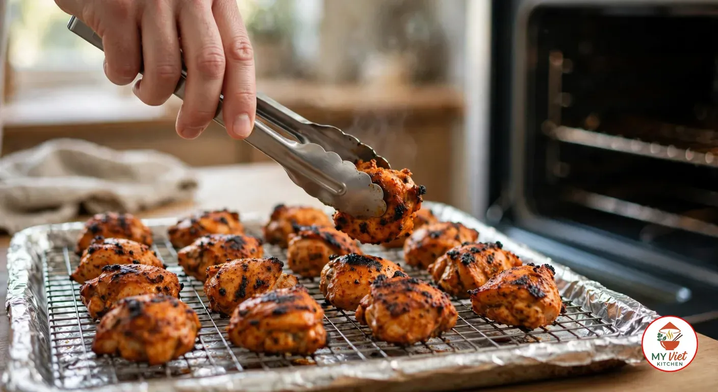 A hand lifting a charred piece of chicken tikka with metal tongs from a wire rack set over a foil-lined baking sheet, with more charred pieces on the rack and an open oven behind