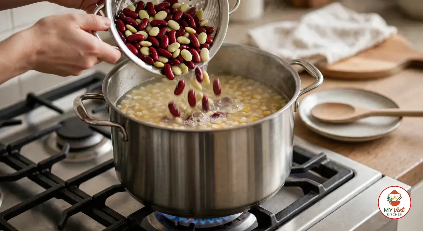 Tipping a stainless steel colander of soaked red kidney beans and pale lima beans into a tall stainless steel stockpot of white and yellow corn kernels simmering in cloudy water over a blue gas flame, with a wooden spoon on a plate beside the stove