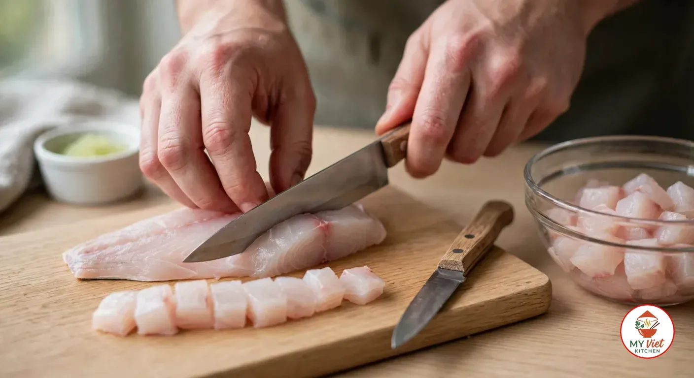 A hand steadying a skinless fillet of raw pale pink-white kingfish on an oak board while the other slices it with a chef's knife, a row of cubes in front, a glass bowl of cut cubes to the right and a ramekin of finger lime pearls behind