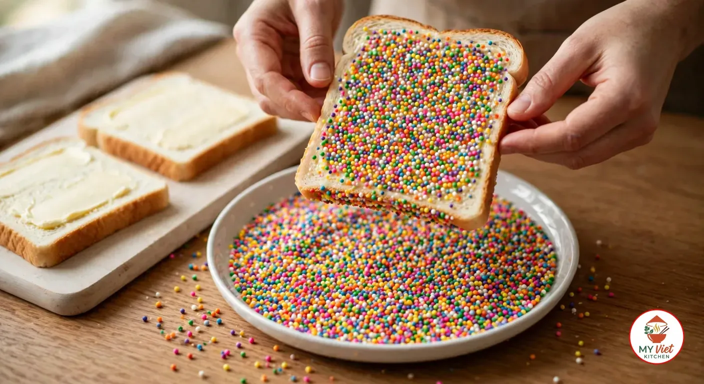 Two hands lifting a slice of white bread with crusts on from a wide white dish of tiny round rainbow hundreds and thousands, its buttered side thickly coated, two buttered slices waiting on a wooden board