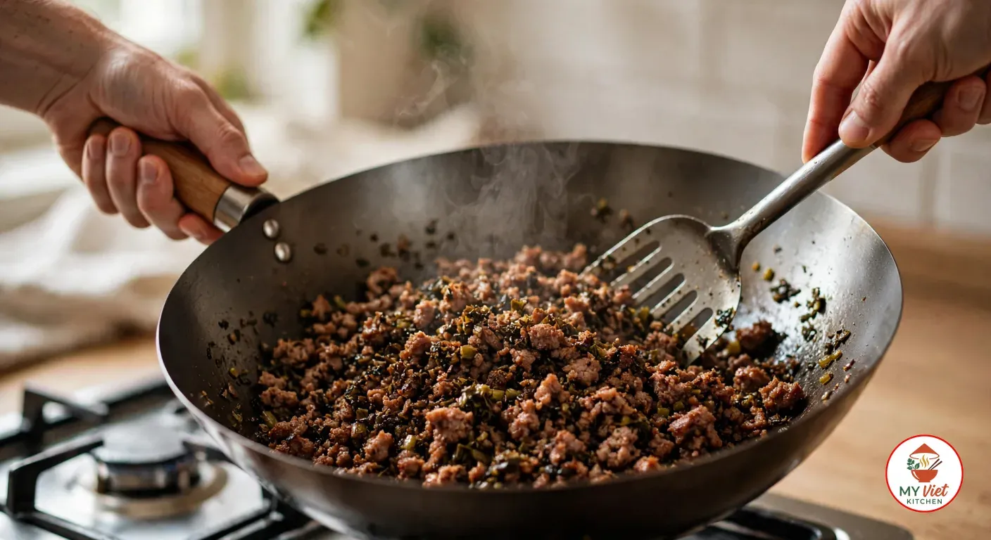Hands holding a carbon-steel wok by its wooden handle and stirring browned, crumbled minced pork with dark chopped ya cai using a metal spatula, steam rising over a gas burner