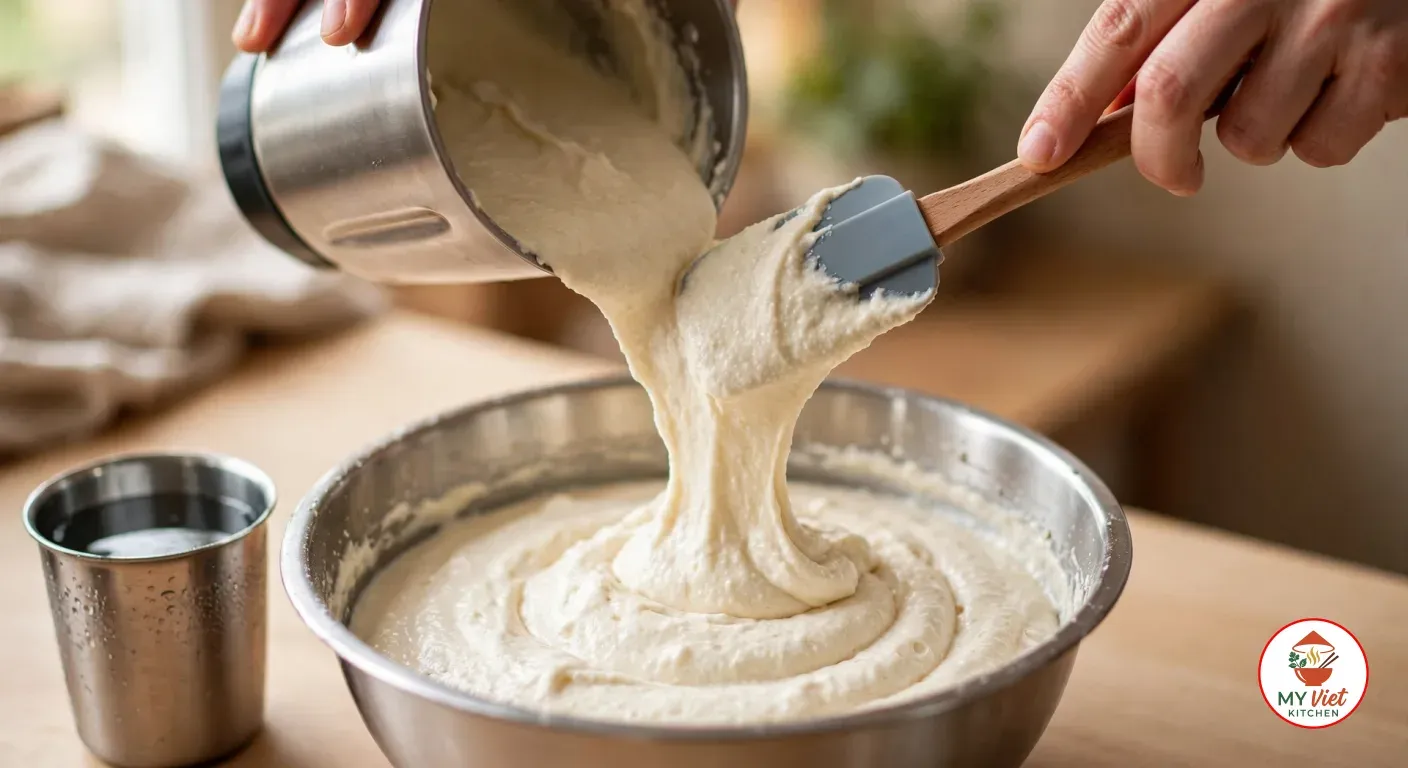 Hands tipping thick, smooth off-white rice batter out of a stainless-steel blender jar with a grey silicone spatula into a large steel bowl of fluffy urad dal batter, a steel tumbler of cold water beside it
