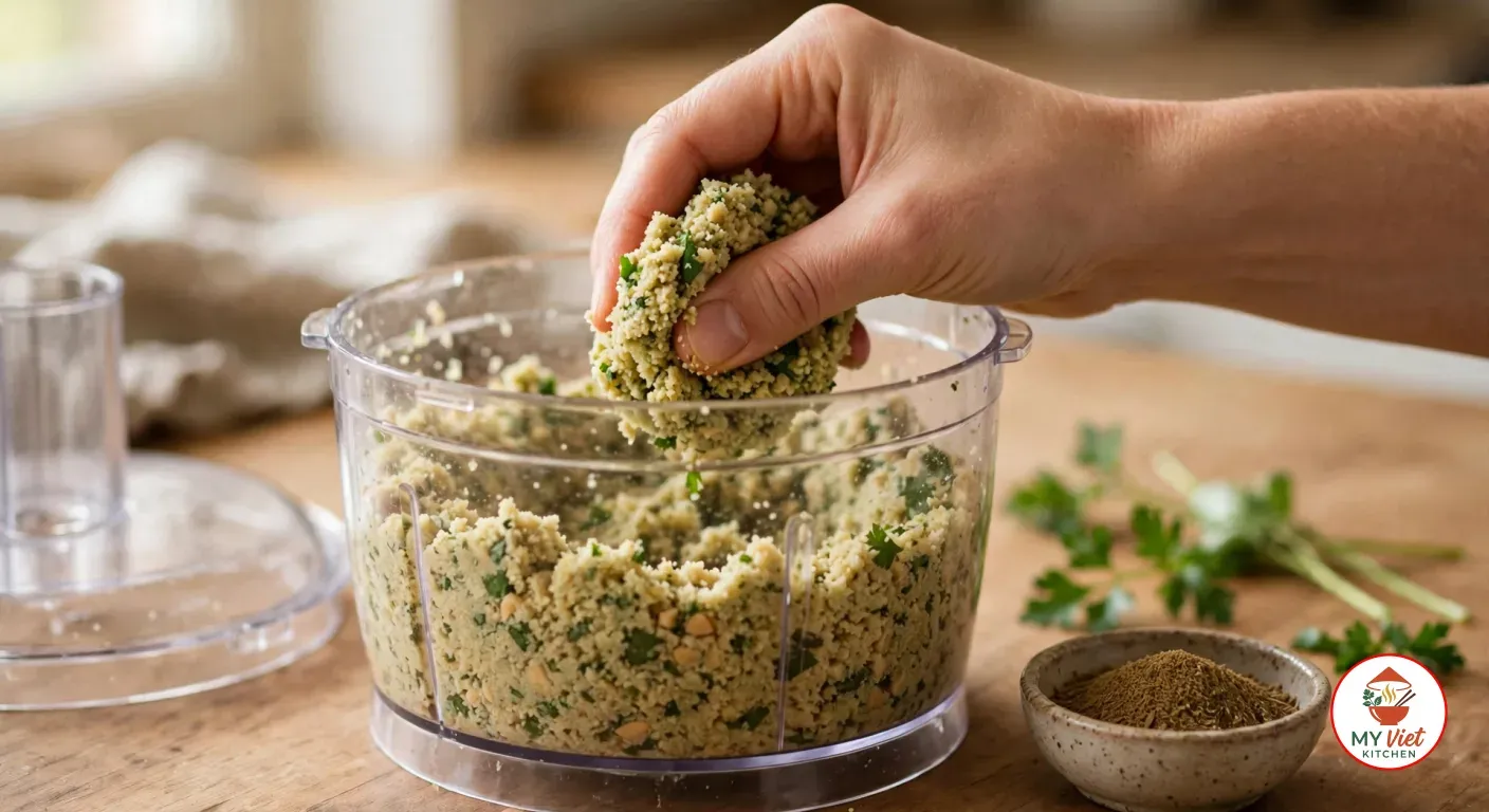 A hand squeezing a clump of coarse, green-flecked falafel mixture over a clear food processor bowl, with the lid set aside, a few parsley sprigs and a small bowl of ground cumin on the wooden counter