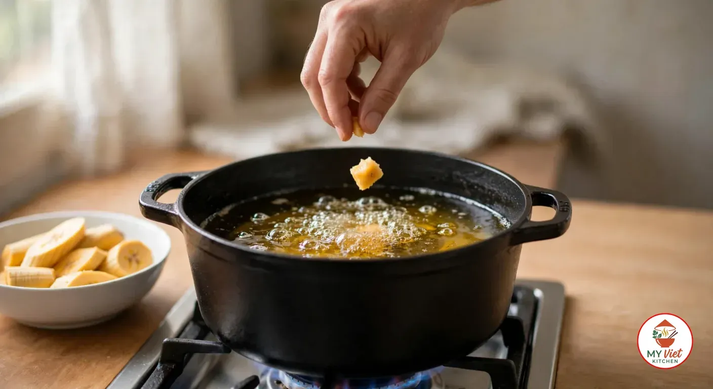 A hand dropping a small piece of plantain into hot oil in a black cast-iron pot to test it, beside a bowl of peeled plantain slices