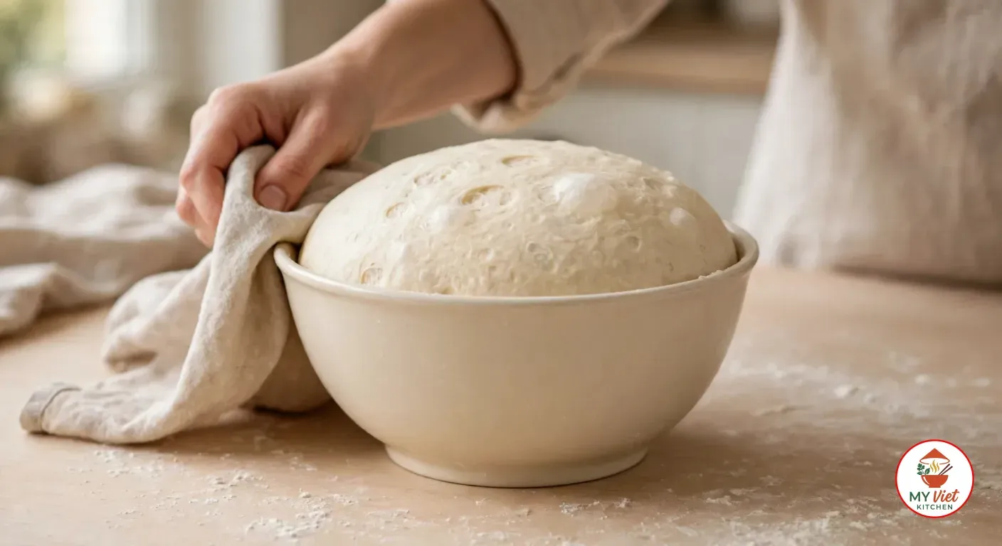 A hand pulling a linen towel off a cream ceramic bowl of risen, puffy pale dough domed above the rim, on a floured wooden counter