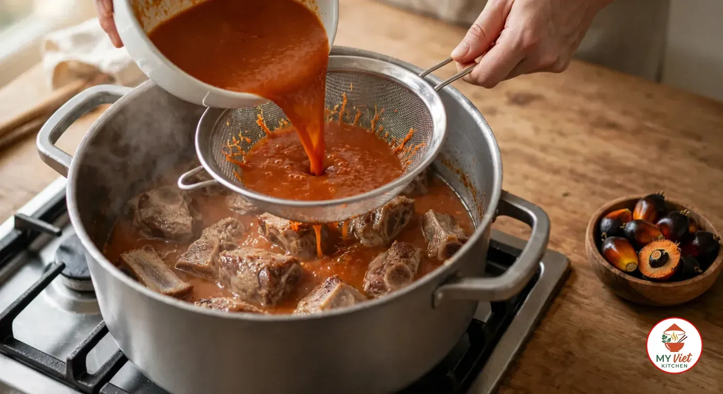 Hands pouring thinned reddish-orange palm nut cream from a white bowl through a mesh sieve into the aluminium pot of steamed goat, with a wooden bowl of oval red-orange and black palm fruits on the counter, one cut open to show orange flesh around a dark nut