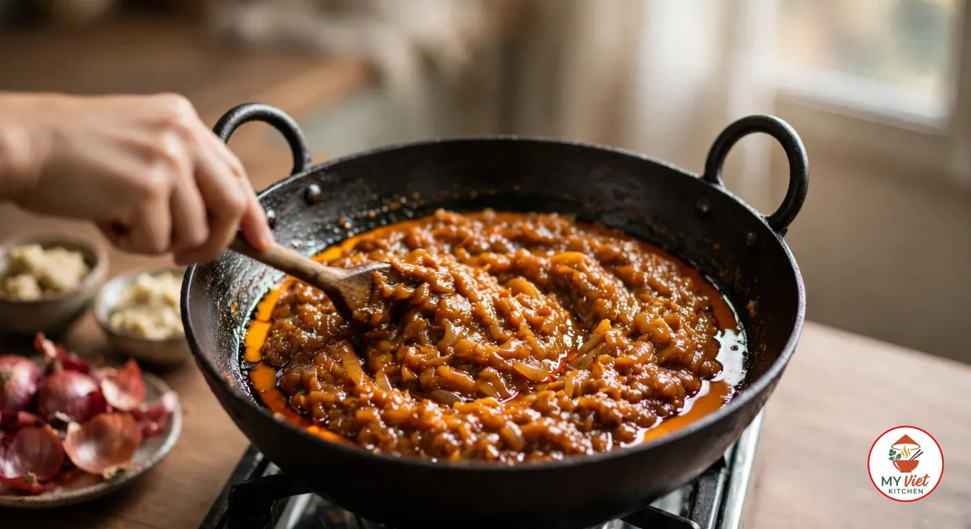 A hand stirring a thick onion and tomato masala with a wooden spoon in a black cast-iron kadhai on a gas burner, orange oil pooling at the edges, beside bowls of ginger-garlic paste and a plate of red onions