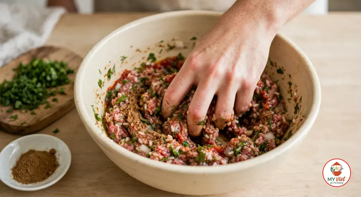 A hand working raw ground lamb, uncooked rice, diced onion, chopped herbs, tomato paste and ground spices together in a wide cream stoneware bowl, next to a board of chopped parsley and a small white dish of ground spices