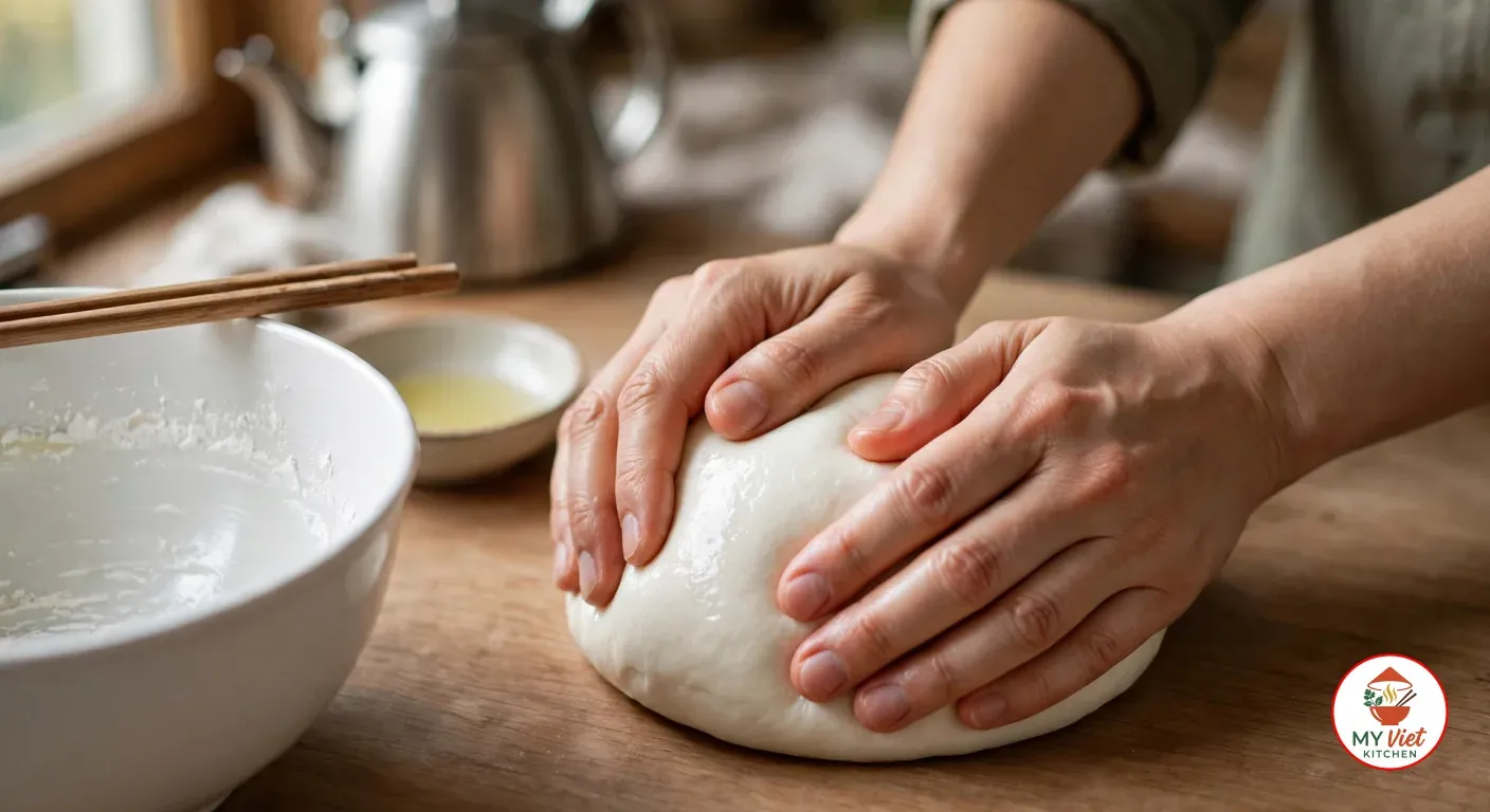 Two hands kneading a smooth white ball of har gow dough on a wooden counter, beside a white mixing bowl with chopsticks across its rim, a small dish of oil and a steel kettle