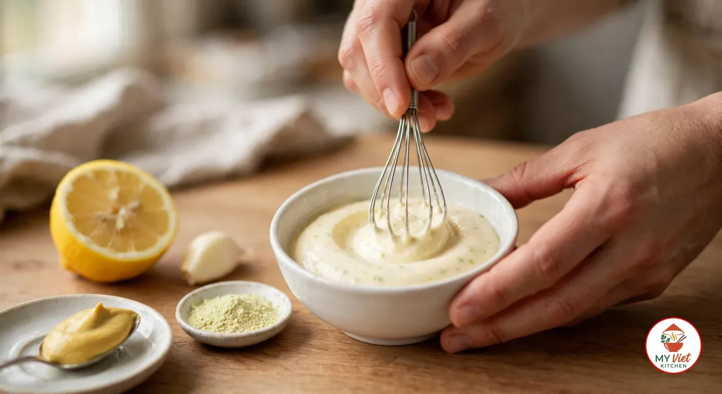 A hand whisking pale, green-flecked aioli in a small white bowl, next to a halved lemon, a garlic clove, a spoonful of Dijon mustard and a dish of pale green ground lemon myrtle