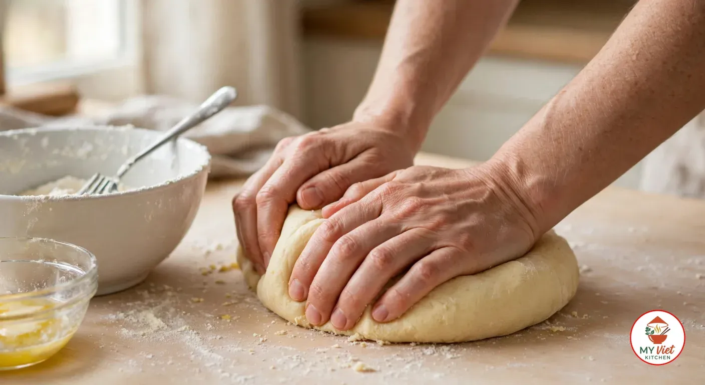 Two hands kneading a smooth pale-yellow pastry dough on a floured wooden worktop, beside a white mixing bowl with a fork in it and a small glass bowl of melted butter