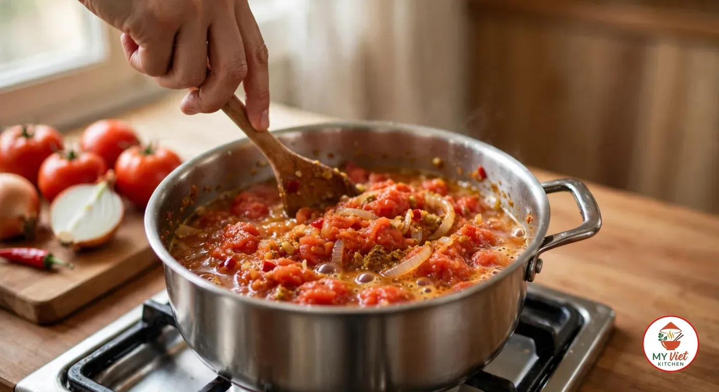 Stirring a simmering tomato and onion relish with a wooden spoon in a stainless-steel pan on a gas burner, beside whole tomatoes, a halved onion and a red chili on a wooden board