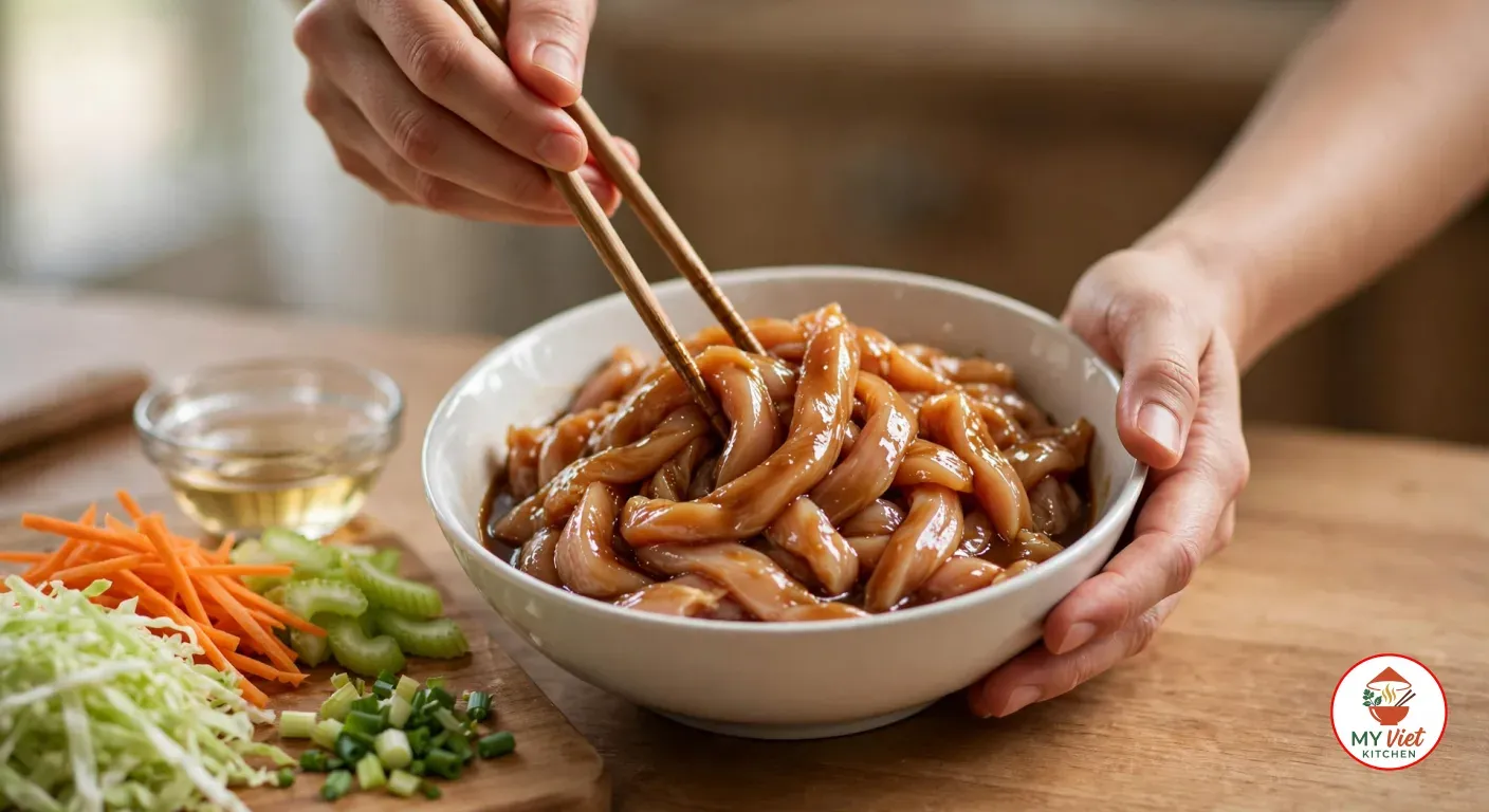 A hand stirring strips of chicken thigh in a glossy soy marinade with chopsticks in a white bowl, the other hand steadying it, beside a board of shredded cabbage, carrot matchsticks, sliced celery and green onions and a small glass of Shaoxing wine