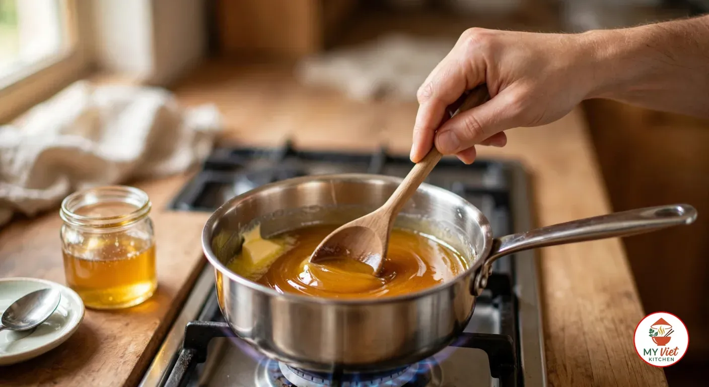 Stirring melted butter and golden syrup with a wooden spoon in a small stainless steel saucepan over a low gas flame, beside a jar of golden syrup
