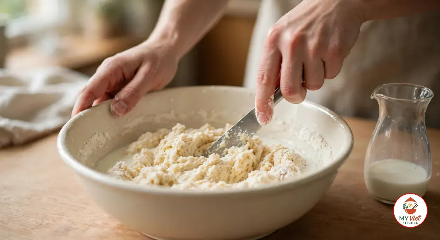 One hand cutting a table knife through milk and buttery flour in a cream ceramic bowl as it turns into a shaggy dough, the other hand steadying the bowl, with a small glass jug of milk beside it