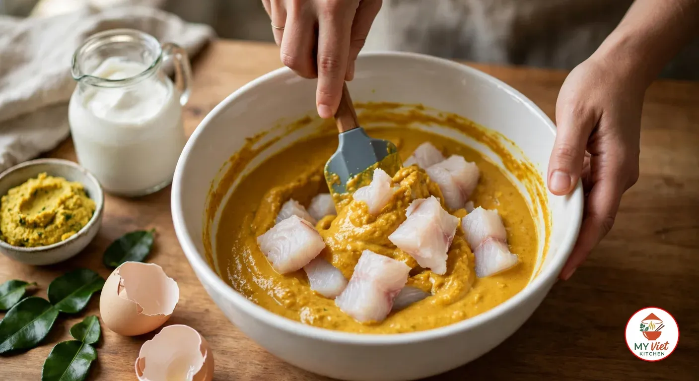 A hand folding pieces of raw white fish into a yellow-orange coconut and egg curry mixture with a grey spatula in a white bowl, beside a jug of coconut cream, a dish of kroeung, cracked eggshells and kaffir lime leaves
