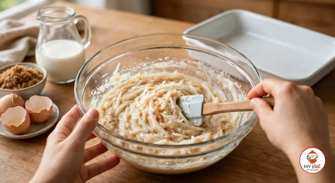 Stirring a loose batter of grated cassava, coconut milk and brown sugar with a spatula in a large glass bowl, beside an empty white rectangular baking dish, a jug of coconut milk, a bowl of brown sugar and cracked eggshells