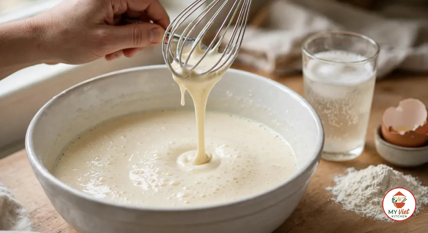 Lifting a balloon whisk from a large white bowl of smooth, bubbly beer batter that runs off the whisk in a thick ribbon, a glass of cold fizzy beer, a cracked eggshell and a small heap of flour beside the bowl on a wooden counter