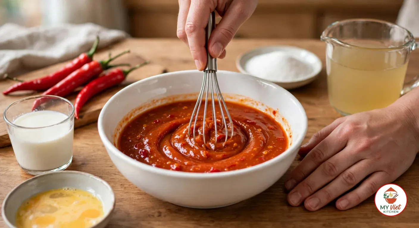 A hand whisking a thick red-orange mix of ketchup, sweet chili sauce and sambal in a white ceramic bowl, beside a glass of cornstarch slurry, a dish of beaten eggs, a saucer of sugar, a jug of chicken stock and fresh red chilies on a wooden counter