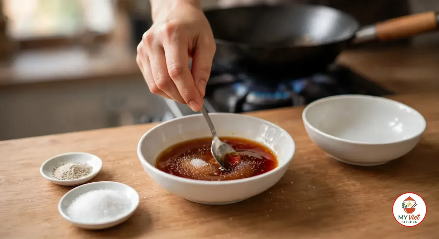 Stirring a small white bowl of reddish-brown soy sauce mixture with a teaspoon, beside an empty white bowl and small dishes of sugar and white pepper, with a black wok on a gas stove behind