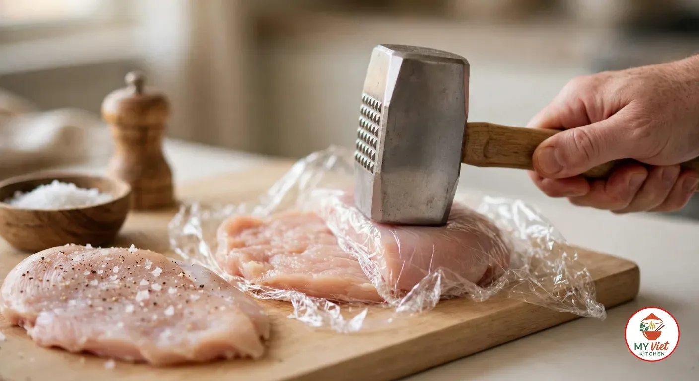 A hand pressing a metal meat mallet onto a raw chicken breast between sheets of plastic wrap on a wooden cutting board, beside a second breast sprinkled with flaky salt and black pepper, a wooden bowl of salt and a pepper grinder