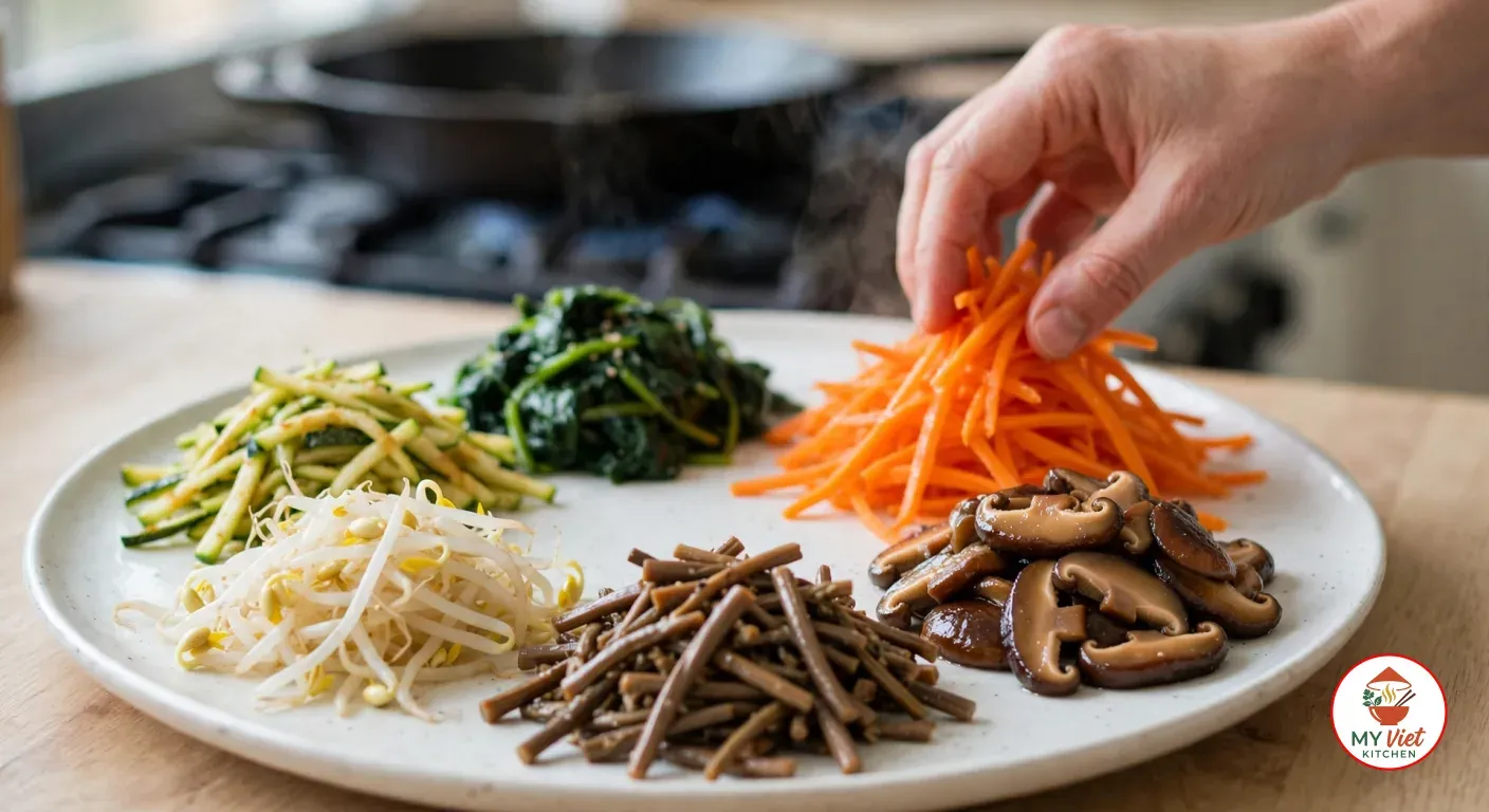 Placing a pile of bright orange julienned carrots by hand on a large white platter beside separate piles of seasoned spinach, zucchini matchsticks, bean sprouts, fernbrake stems and glossy sliced shiitake mushrooms, a black cast-iron skillet steaming on a gas stove behind