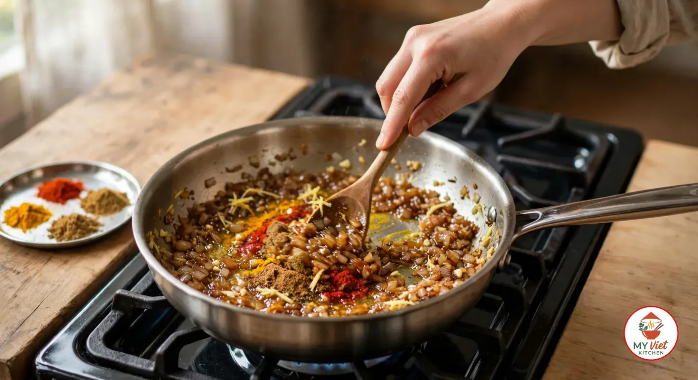 Stirring golden-brown chopped onions, grated ginger, garlic and freshly added turmeric, chili, cumin and coriander with a wooden spoon in a stainless-steel saute pan on a gas burner, beside a small steel tray of ground spices