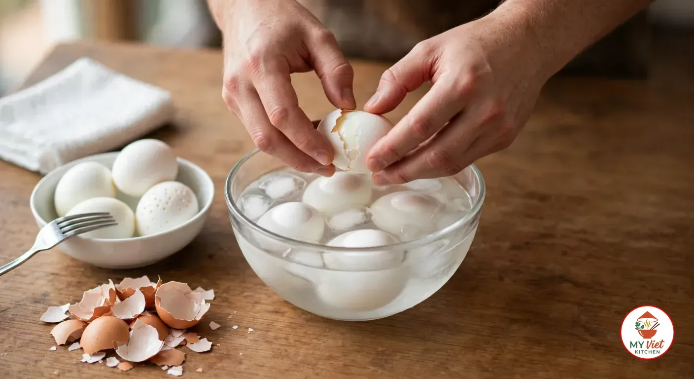 Hands peeling a hard-boiled egg over a bowl of ice water, peeled eggs in a small bowl with one pricked by a fork, and cracked shells on the table