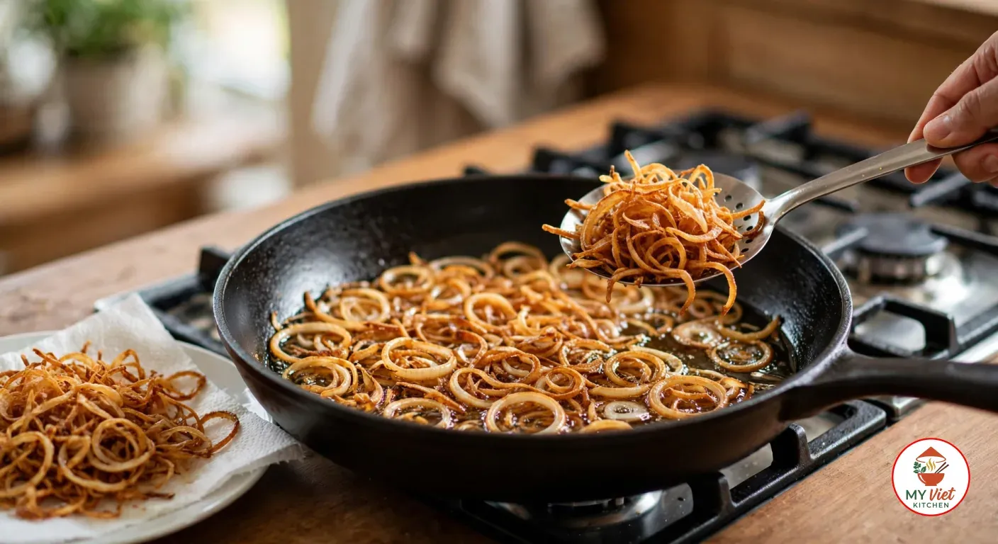 Lifting a slotted spoon of crisp, deep golden fried onion rings from shimmering oil in a black cast-iron skillet on a gas stove, a heap of drained fried onions on a paper towel-lined white plate beside it
