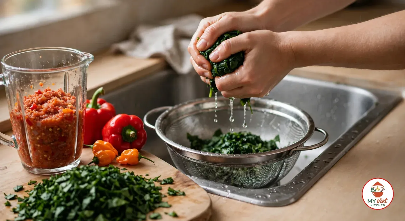 Two hands squeezing a ball of chopped raw spinach over a steel colander in the sink, beside a board of chopped spinach, two red bell peppers, three orange scotch bonnets and a glass blender jar of coarse red pepper blend