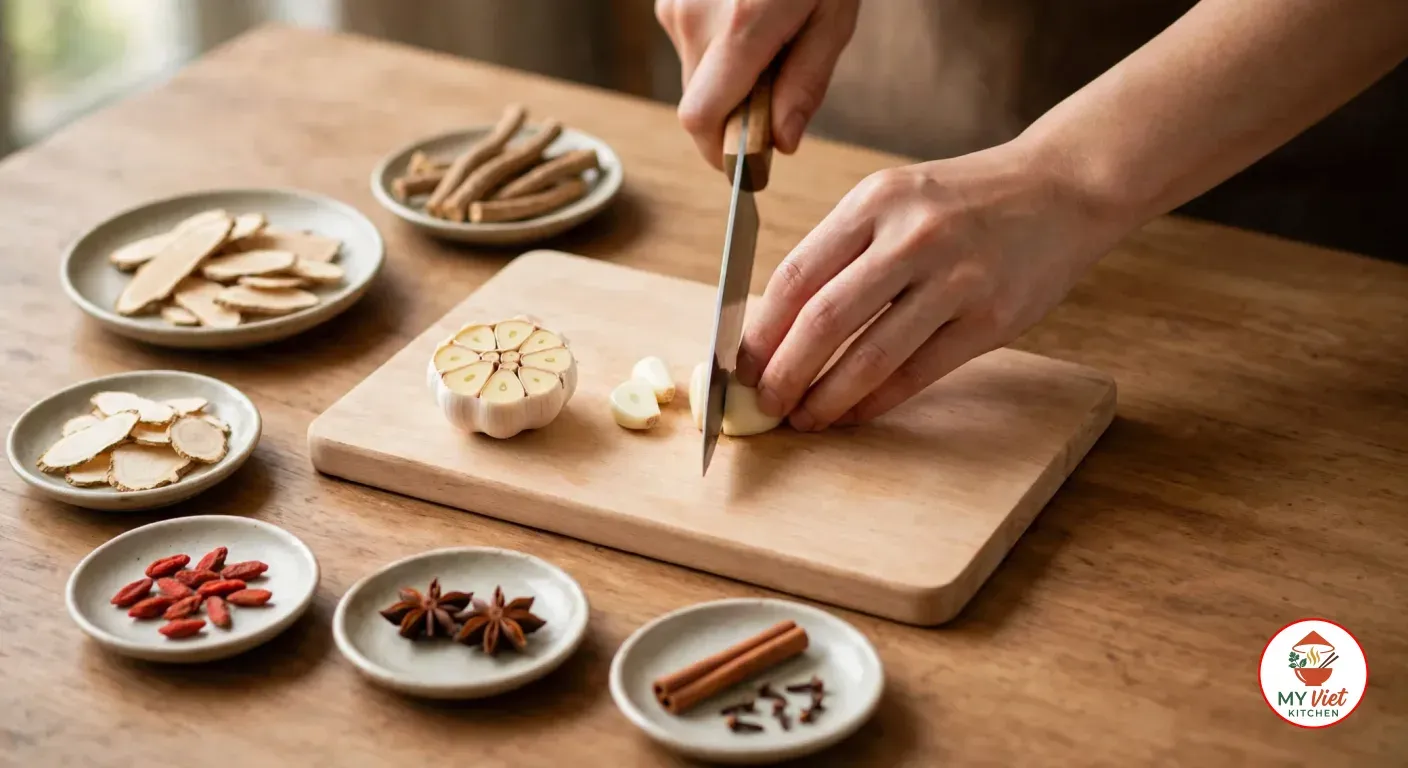 Slicing garlic with a chef's knife on a wooden board beside a crosswise-halved head of garlic, surrounded by small dishes of dried angelica and codonopsis root, pale herb slices, goji berries, star anise, a cinnamon stick and cloves