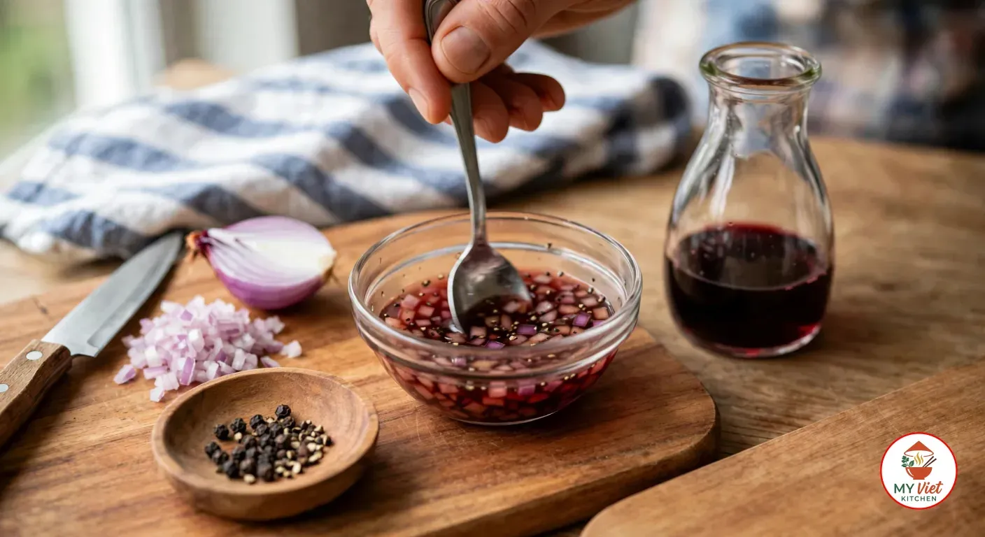 Stirring a mignonette of red wine vinegar, finely minced shallot and cracked black pepper with a teaspoon in a small glass bowl on a wooden board, with a heap of minced shallot, half a shallot, a knife, a wooden dish of black peppercorns and a glass carafe of red wine vinegar beside it