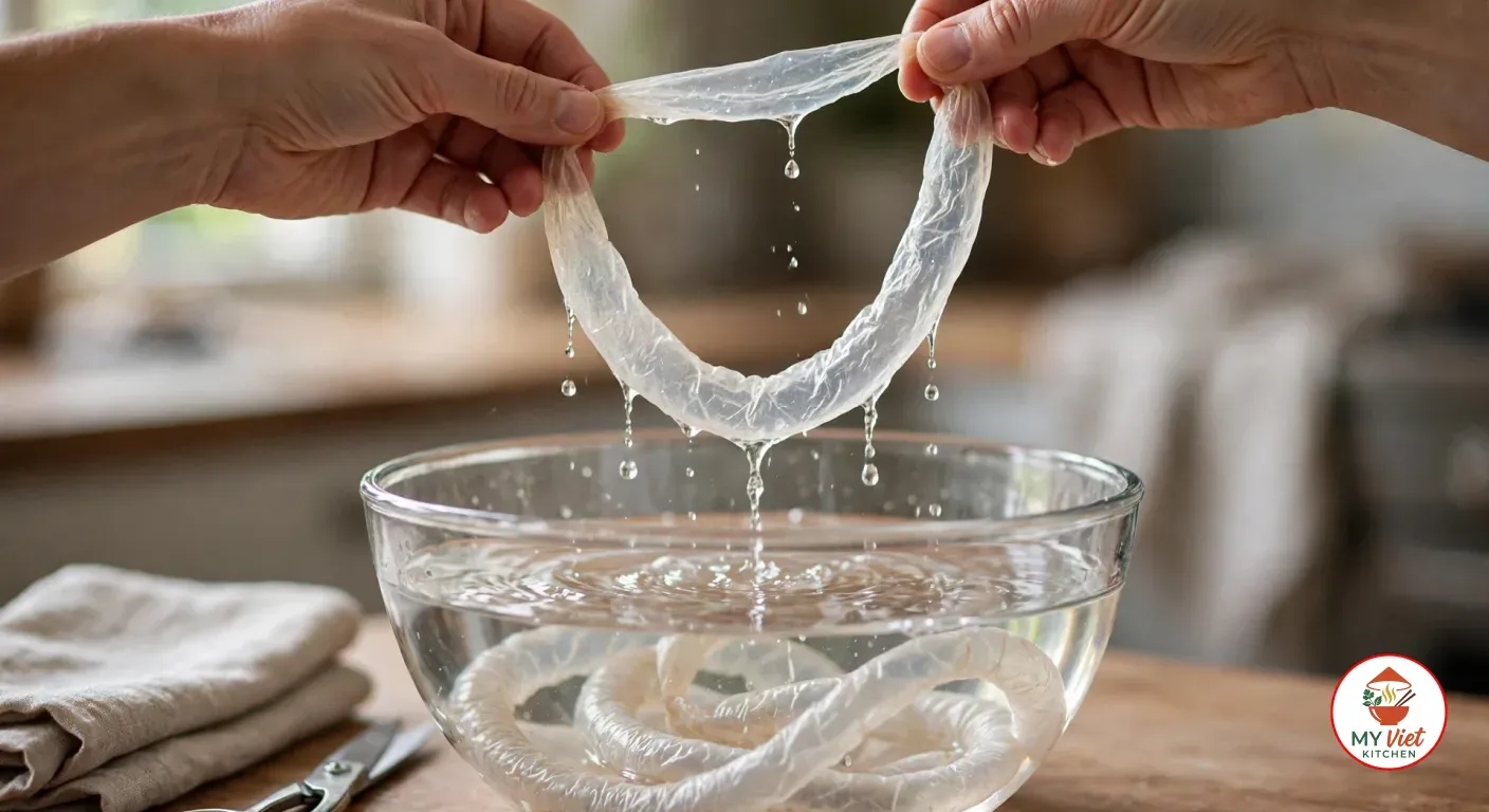 Lifting a soaked natural sausage casing, thin, wrinkled and translucent, out of a glass bowl of water with both hands, more casings coiled under the water and a folded linen towel and kitchen scissors on the wooden counter beside it