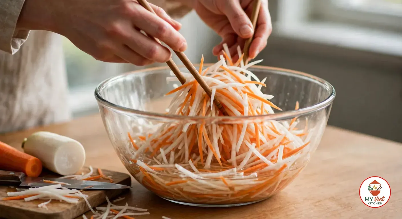 Hands tossing julienned daikon radish and carrot in a clear glass bowl of rice-vinegar pickling liquid with wooden chopsticks, beside a cutting board with a cut daikon, a carrot and a chef's knife