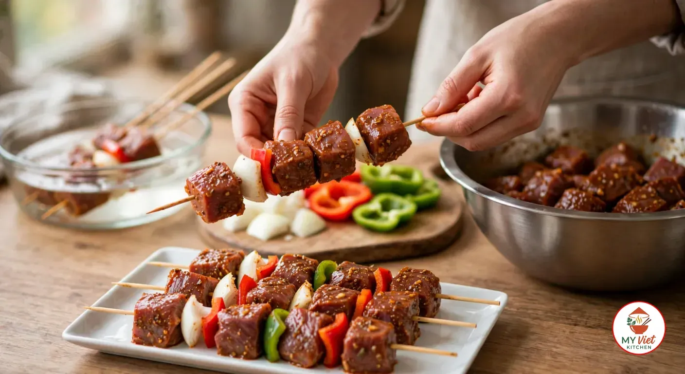 Threading cubes of raw marinated goat meat onto a wooden skewer between chunks of white onion and pieces of red bell pepper, three finished raw skewers on a white ceramic tray in front, a wooden board of cut onion and red and green bell pepper, a glass bowl of soaking skewers and the steel bowl of marinated meat behind